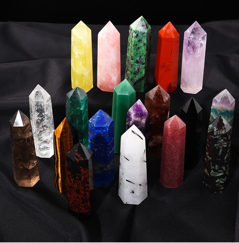 天然粉黄黑紫白水晶柱摆件六棱标准柱子家居桌面装饰水晶原石批发