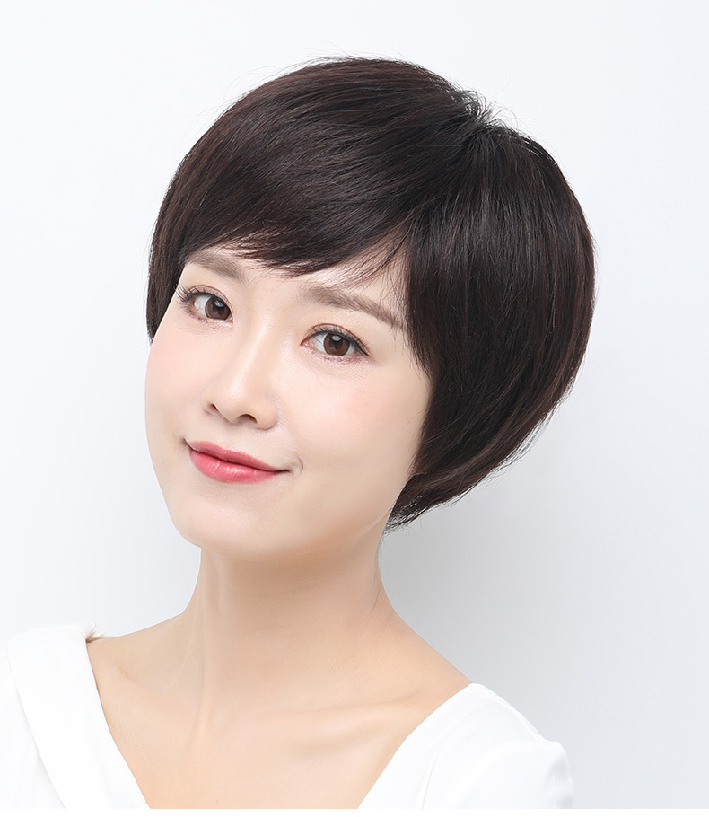 中老年妈妈假发时尚自然短发斜刘海真人发丝全头套逼真短直发厂家