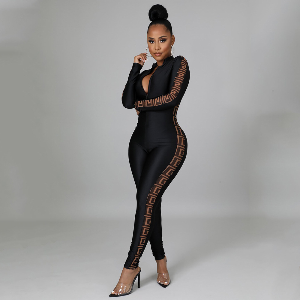 z6375跨境秋冬新品亚马逊欧美女装时尚性感网纱透视拼接连体裤女