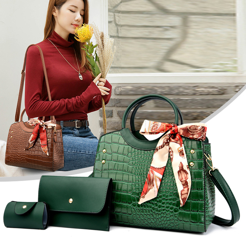 Foreign Trade Wholesale Package Set 3-Piece Crocodile Pattern Embossed Mother and Child Bag with Silk Scarf Elegant Lady Handbag Fashion