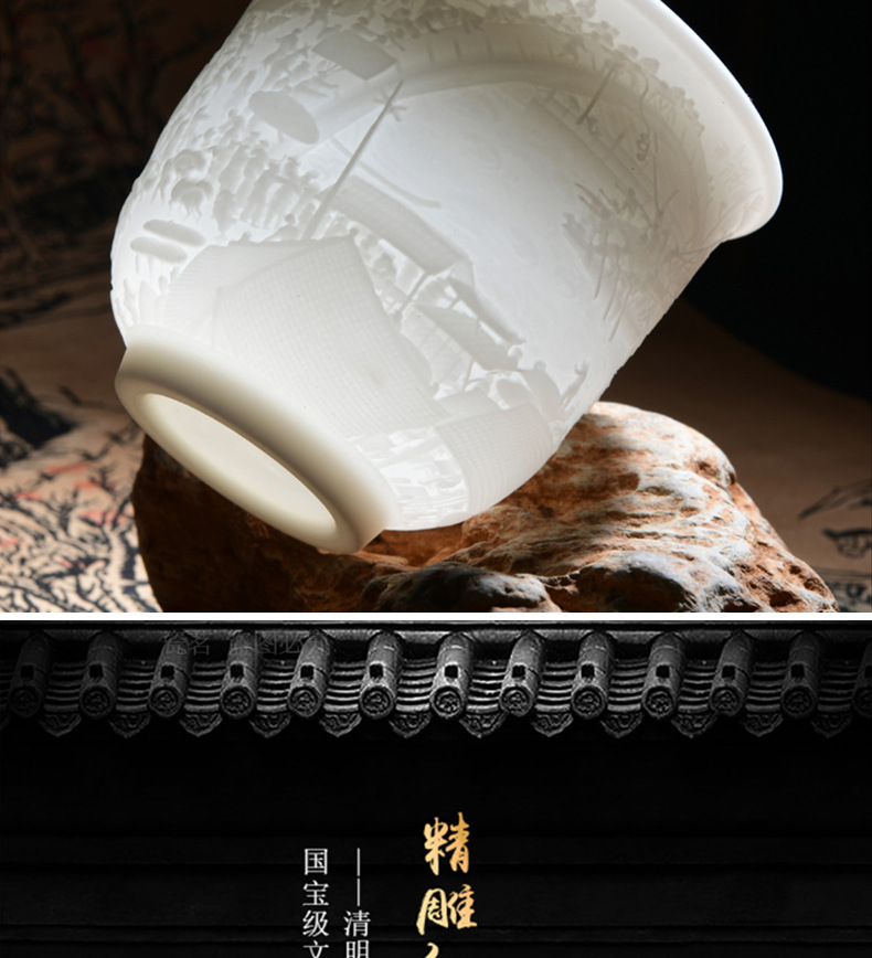 中国白羊脂玉清明上河图图案主人杯单杯茶具茶碗大杯子白玉瓷茶杯