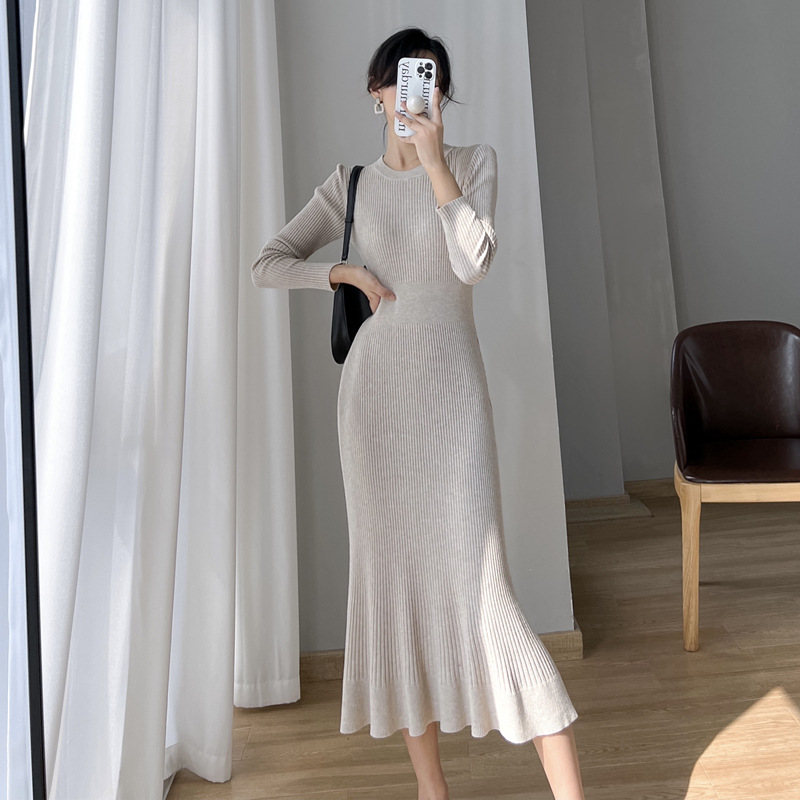 real shot knitted dress for women fall/winter slim base overknee sweater dress inner hip skirt long fish tail skirt