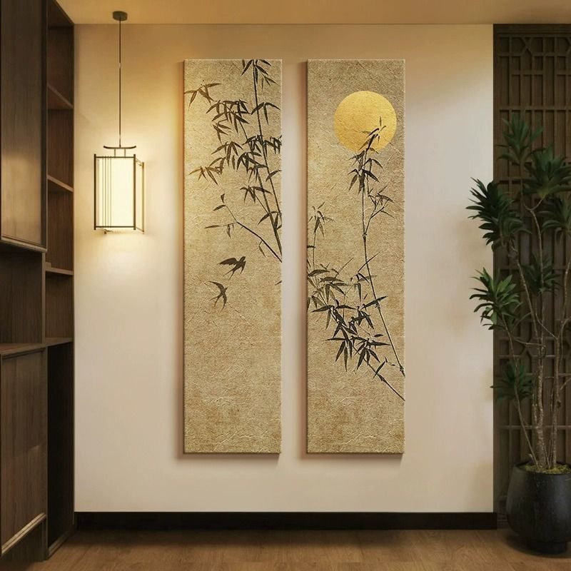 新中式玄关装饰画禅意空间茶室氛围布置高级感竖版长条竹子画挂画
