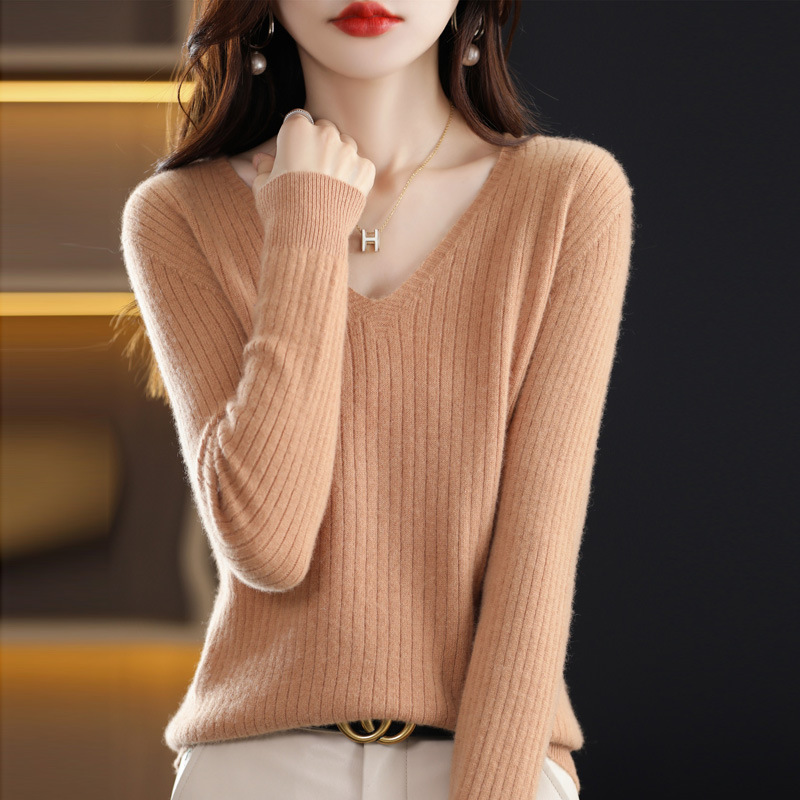 2023 Spring Women's Clothes New Knitwear Pullover V-neck Bedford Cord Sweater Solid Color Long Sleeve Thin Slim Bottoming Shirt