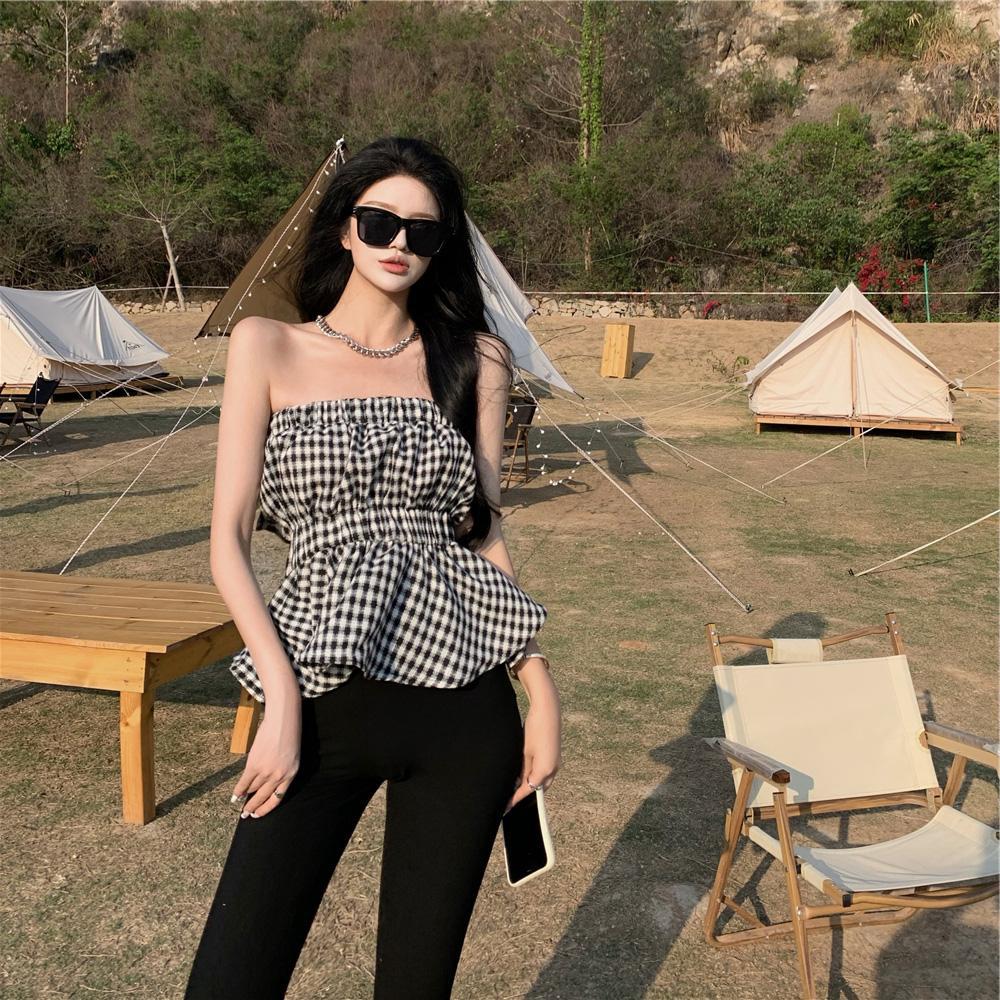 女士夏季裹胸内衣无痕格子运动防走光抹胸式背心无肩带小胸罩文胸