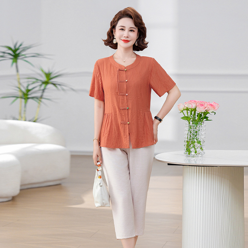 中老年女装夏装短袖小衫仿棉开衫2024新款妈妈装夏季上衣洋气套装