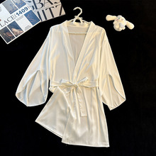 女款睡衣夏季睡袍浴袍冰丝绸小性感婚礼晨袍女新娘高级感中袖白色