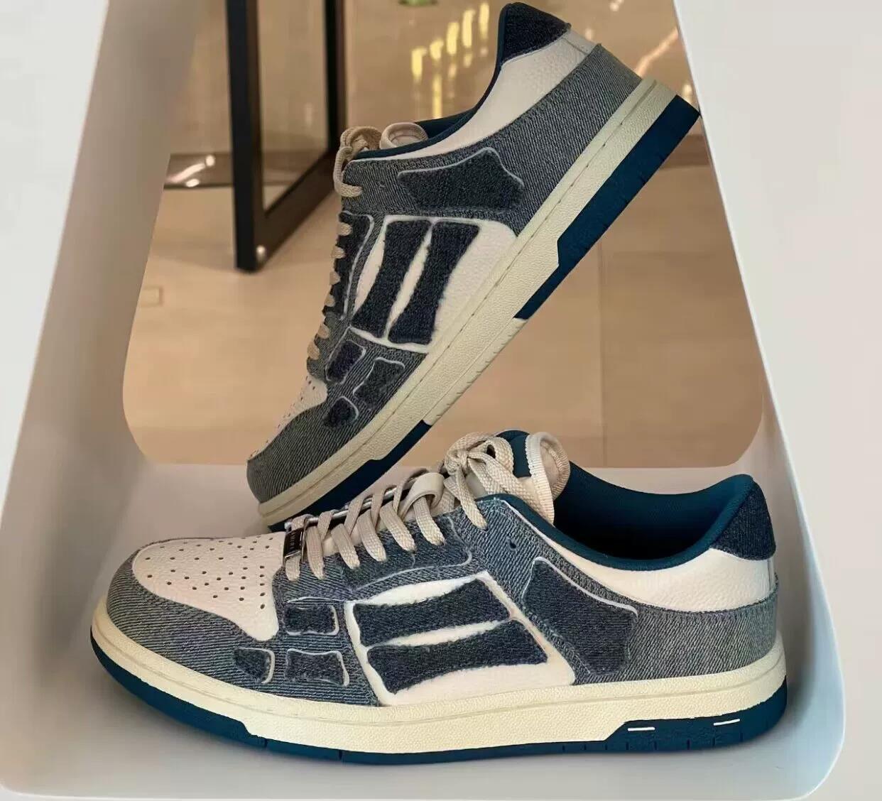 amiri sneaker埃米尔骨头鞋牛仔布真皮拼接低帮潮拼色系带板鞋女
