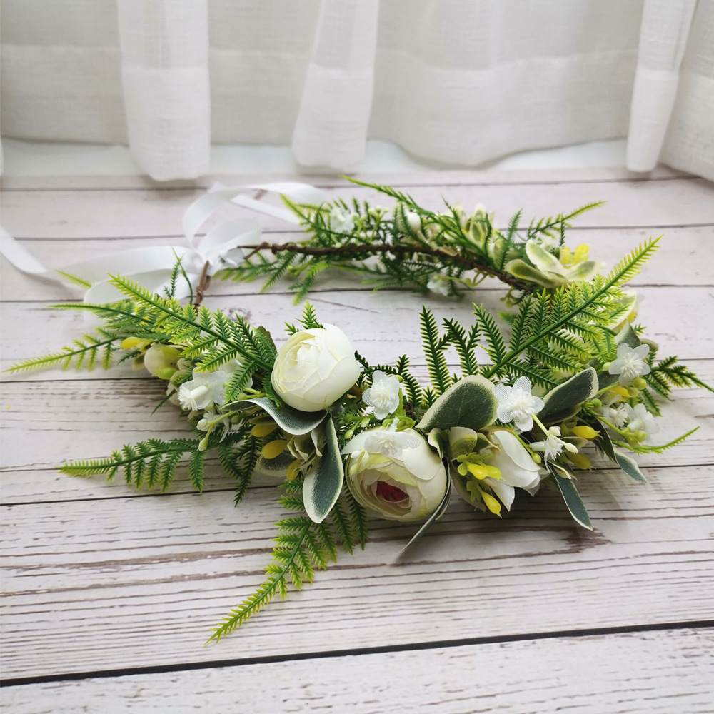 文竹茶花新娘花环头饰度假配饰旅游婚纱摄影写真头环结婚发饰
