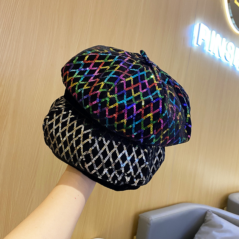 贝雷帽子女英伦百搭彩色亮片南瓜帽秋冬天韩版潮流时尚画家八角帽