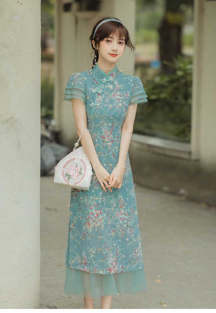 实拍2021夏季新款雪纺刺绣国风复古改良旗袍绿色钉珠印花连衣裙女