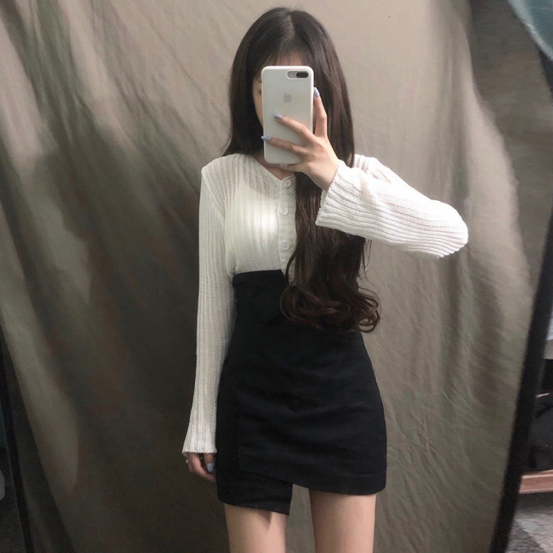 方领秋冬快手网红套装秋季社会女小黑裙领螺纹针织开衫 包