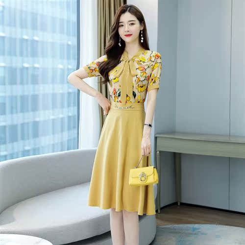 温柔轻熟女夏套裙通勤职业中长裙两件套显瘦印花雪纺衣裙二套装裙