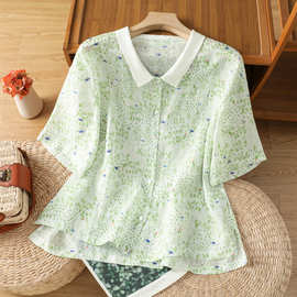 2025新款印花短袖衬衫女士夏季轻薄撞色碎花高级感翻领衬衣