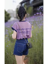 冰丝针织紫色短袖t恤女夏绝美减龄漂亮小衫洋气独特别致炸街上衣
