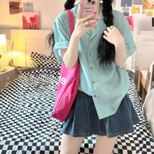日系少女复古港味叠穿衬衫女短袖夏季新款韩版宽松条纹衬衣学生程