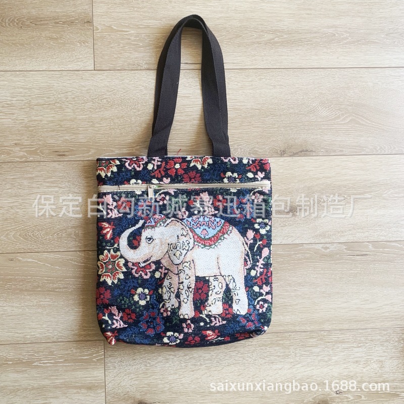 Double-Sided Medium Embroidered Elephant Bag Women's Canvas Single Shoulder Bag Ethnic Style Street Leisure Briefbag