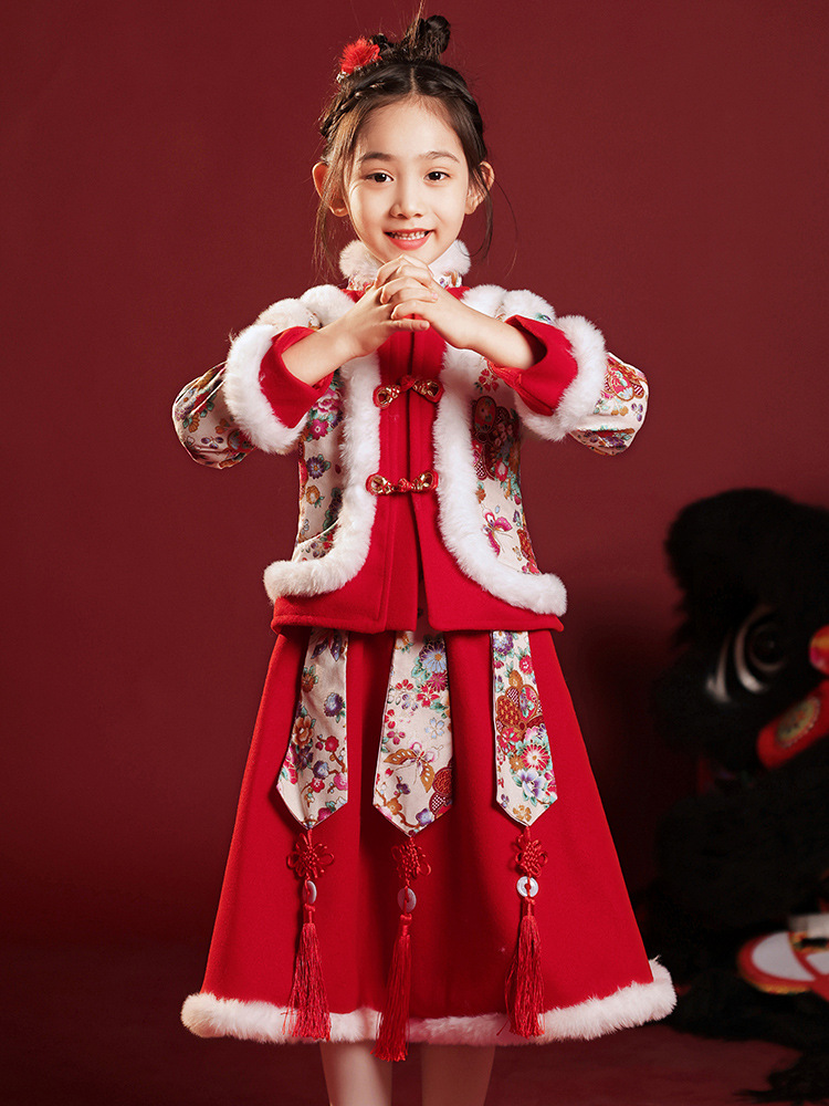 过年服女童汉服冬季儿童古装中国风唐装加绒加厚喜庆拜年新年衣服