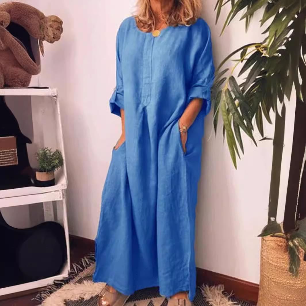 2023wish亚马逊ebay爆款欧美女装棉麻纯色宽松连衣裙