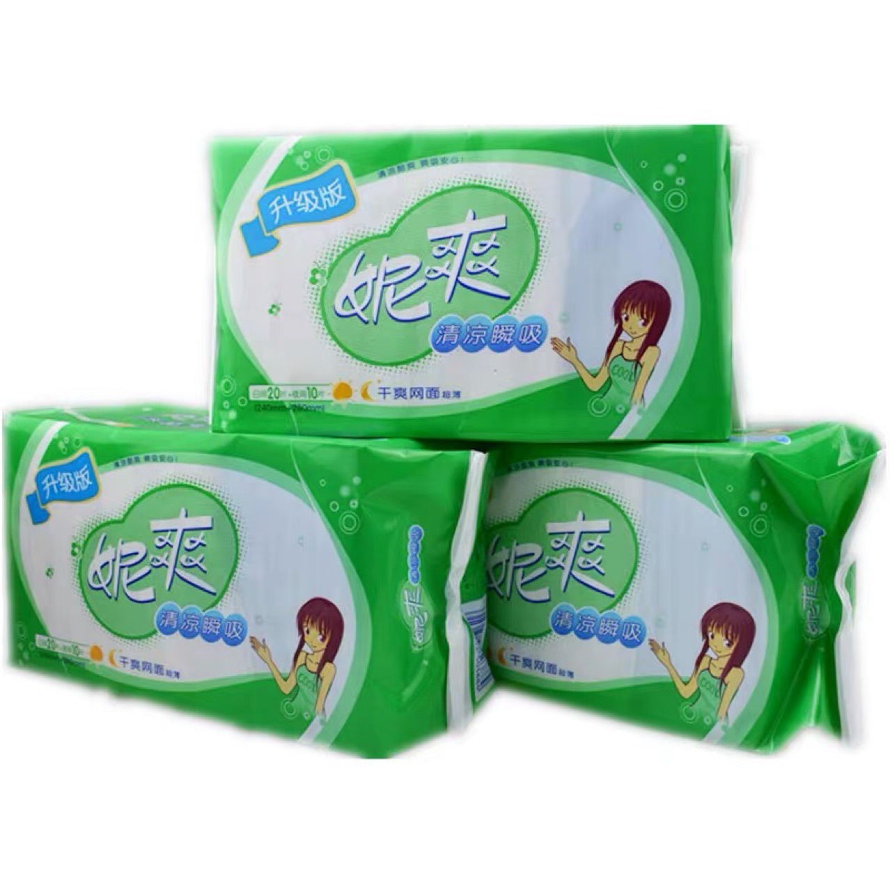 妮爽30片干爽网面日夜组合装防漏长款贴身绿色卫生巾