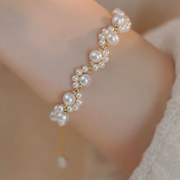 Tiktok Same Style Jade round Beads Small Peach Blossom Woven Bracelet Female Special-Interest Design Student Girlfriend Gifts round Beads Bracelet