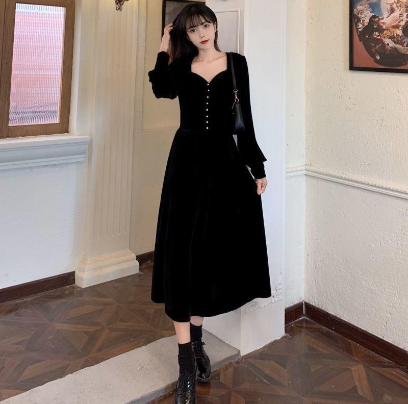 2020秋冬新款冬季流行法式金丝绒大码连衣裙长款打底裙配大衣长裙
