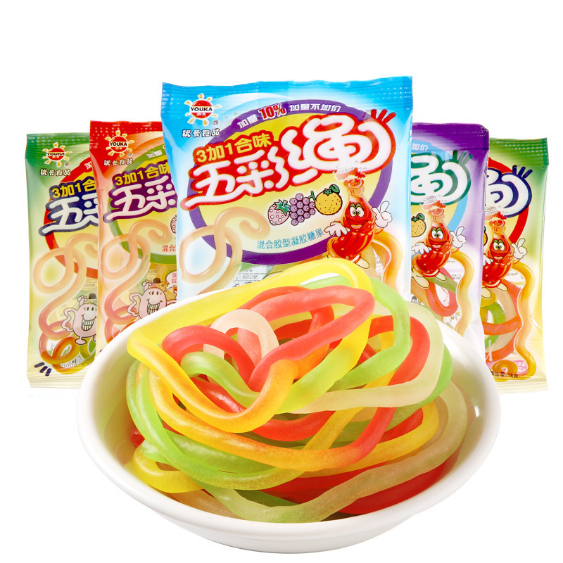 优卡果c卷五彩绳怀旧水果软糖网红小时候零食糖果果汁小包装批发