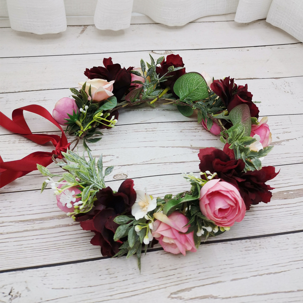 森系新娘头饰芙蓉玫瑰花仙美花环头花结婚首饰婚纱礼服饰品发饰