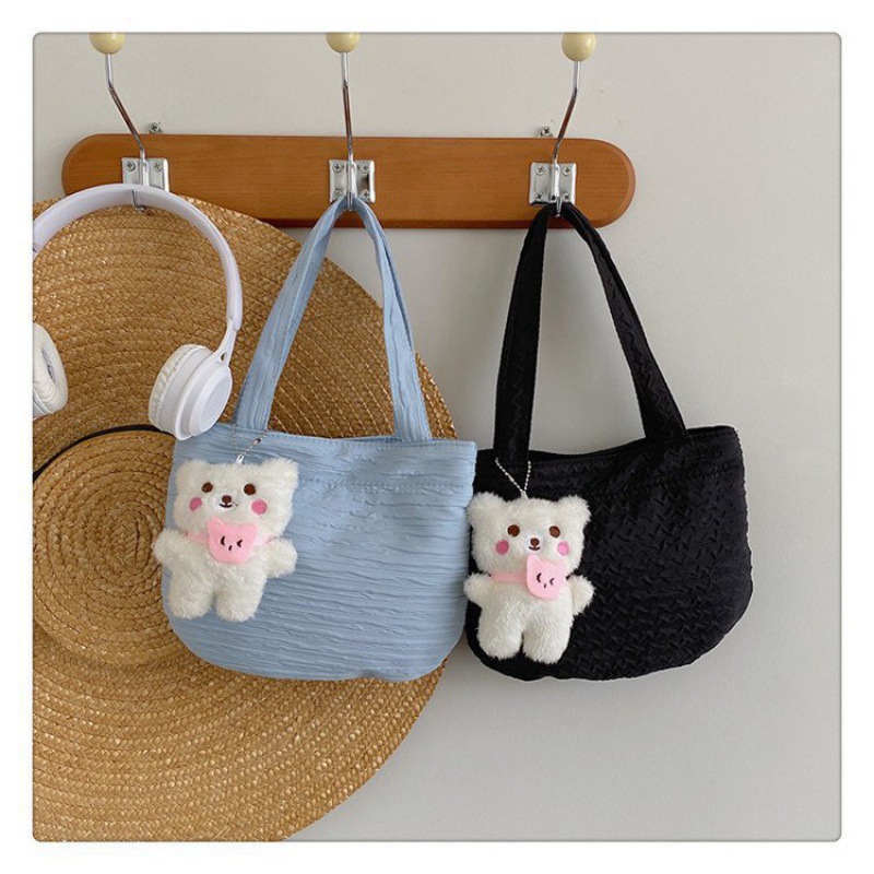 新款休闲棉线单肩时尚包可爱小熊斜挎手提包编织包海边度假沙滩包