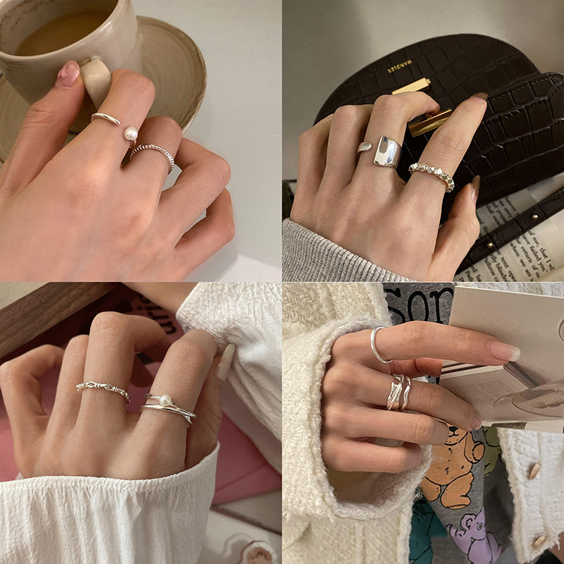极简线条925纯银珍珠戒指女小众设计ins风个性几何高级感开口指环