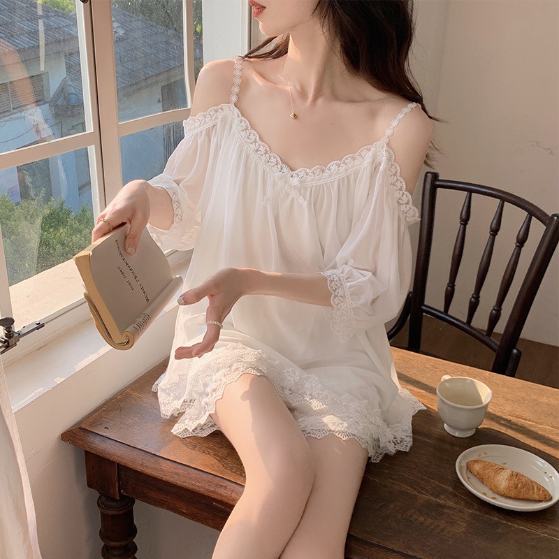 宫廷风睡衣夏季女款薄纱吊带短袖简约花边蕾丝女棉夏天家居服套装