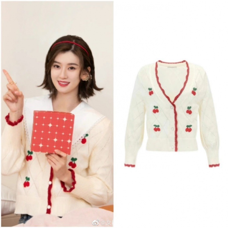 乔欣同款樱桃针织开衫毛衣女外套早春新款小香风刺绣短款上衣女潮