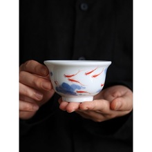 纯手绘墨画鱼戏茶杯陶瓷主人杯单个人专用高端功夫茶具压手杯茶碗