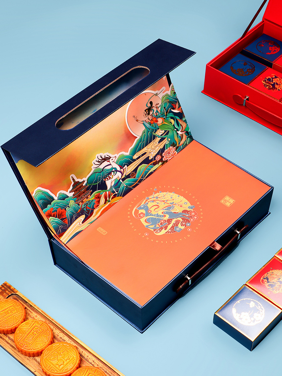 新款月饼盒手提盒创意8粒装插画礼品盒酒店红酒包装盒礼盒空盒子