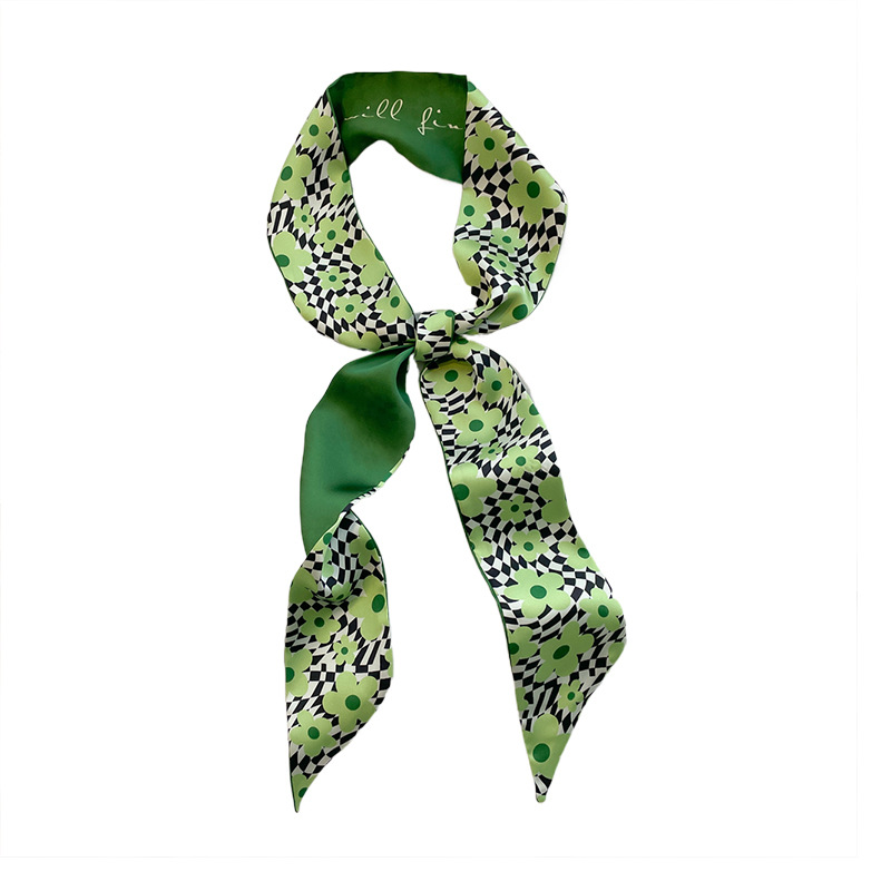 Green French Style Hair Band Spring/Summer Thin Vintage Flower Scarf Women's Small Long Ribbon Decorative Scarf Ribbon