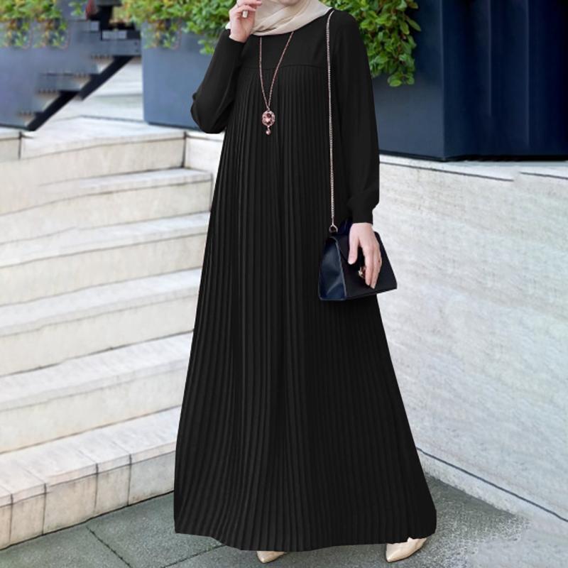 2024 Muslim Women's Wear Arabic Style Elegant Pleated Skirt Solid Color round Neck Long Sleeve Pleated Dress