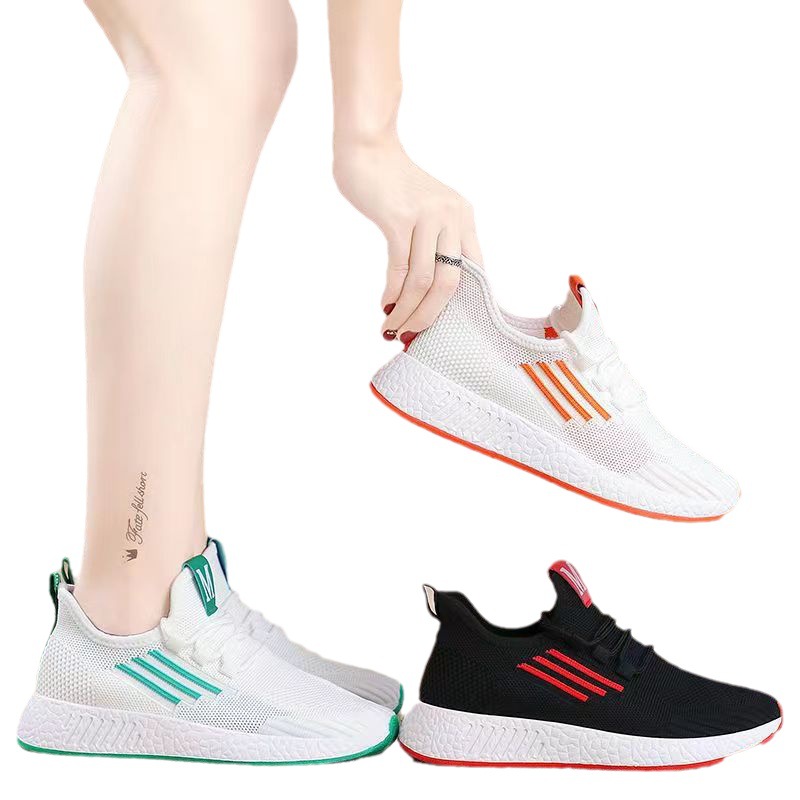 2023 New Sports Shoes Korean Style Spring and Autumn Summer Student Running Shoes Breathable Women's Knitted Flat Casual Mesh Surface Shoes