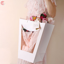 梯形橱窗手提袋鲜花花束包装开窗透明礼品袋玫瑰花艺包花盒花店