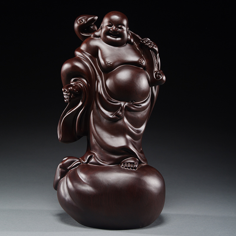 黑檀/花梨木雕弥勒佛像送宝如意笑佛实木雕刻招财红木工艺品摆件