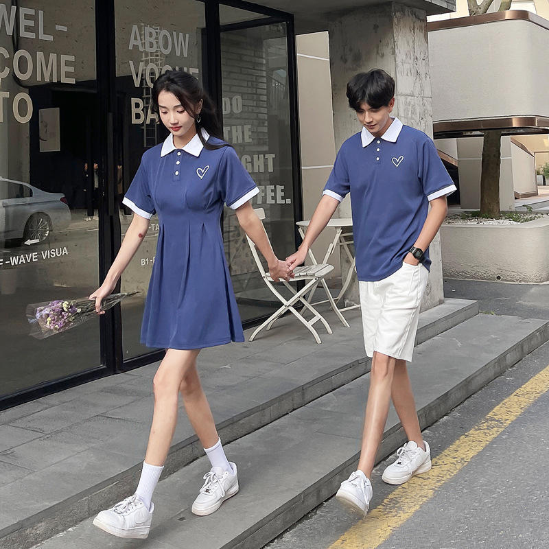 法式情侣装短袖t恤新款夏季潮流初中学生班服一裙一衣套装校服潮