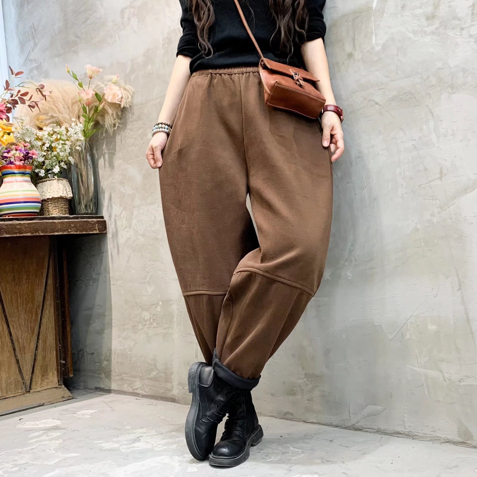 复古冬季雪花绒哈伦裤女文艺百搭宽松外穿萝卜裤加绒加厚休闲长裤