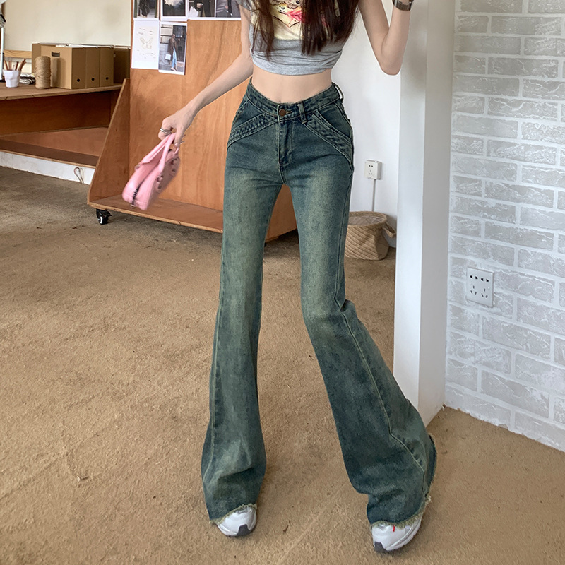 American Retro Hot Girl Low Waist Slightly Flared Jeans Women's Autumn New Washed Frayed Hem Elastic Slim Fit Slimming Trousers