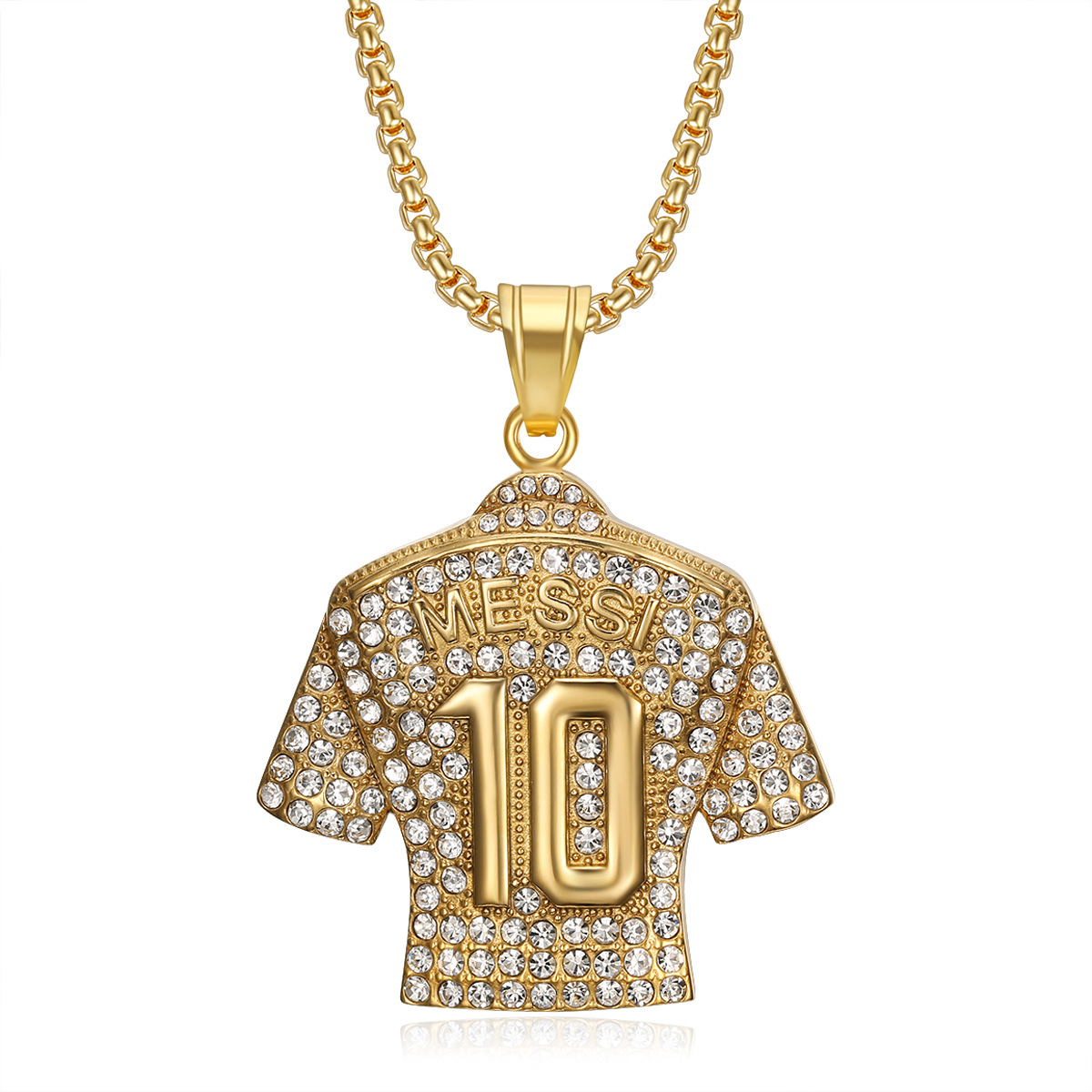 New Hip Hop Hiphop Ornament Titanium Steel Gold-Plated Diamond Football Messi Massey No. 10 Jersey Pendant Necklace