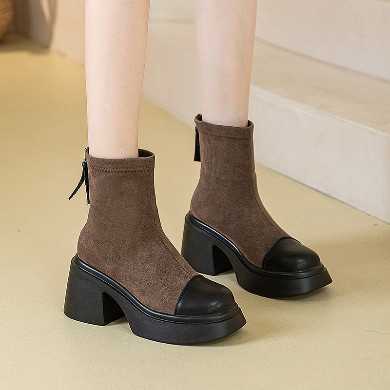 马丁靴女短靴2023秋冬新款厚底粗跟女时尚方头百搭简约弹力靴中筒