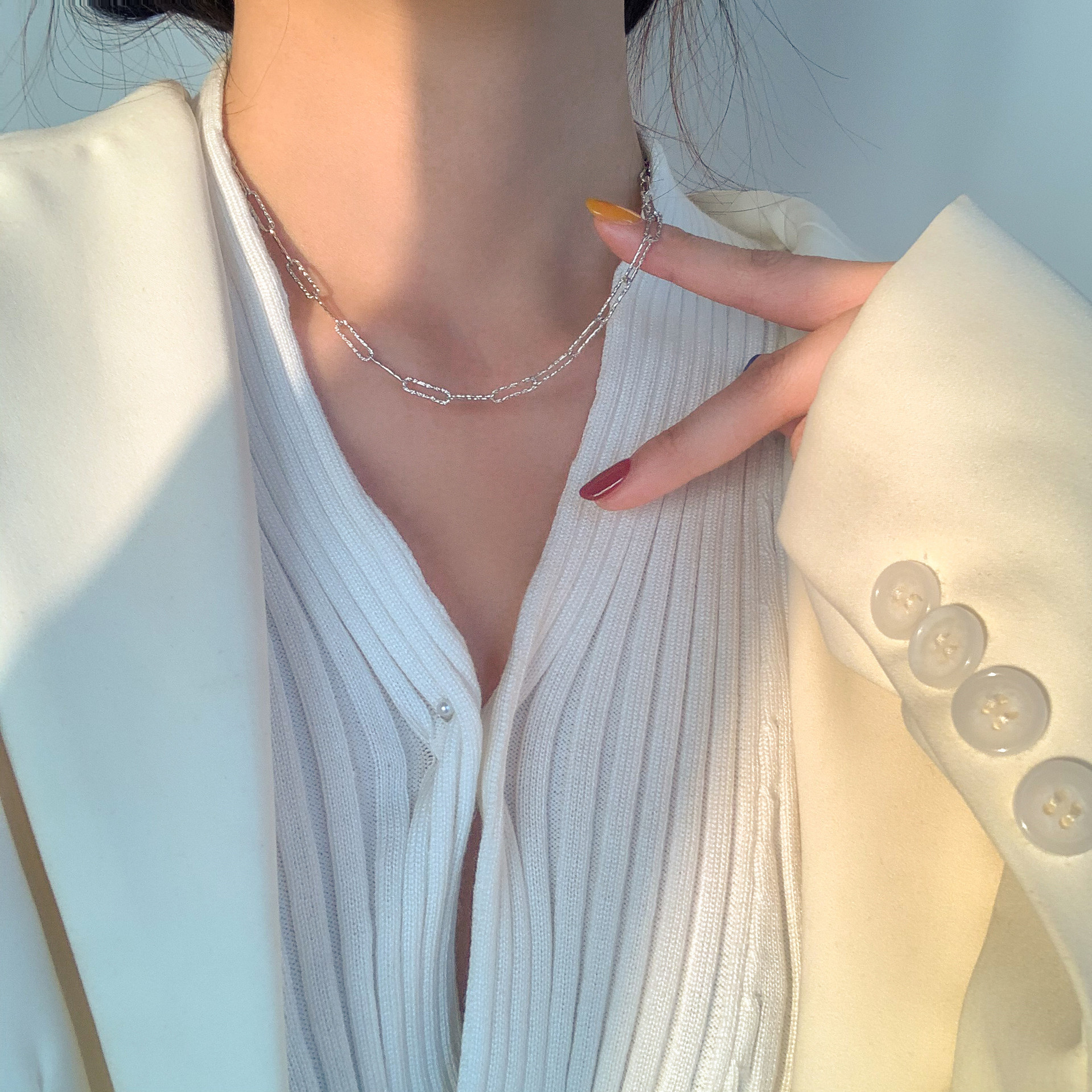 White Silver ~ Sparkling Italy Imported Flash Choker Bare 925 Sterling Silver Clavicle Chain Cold