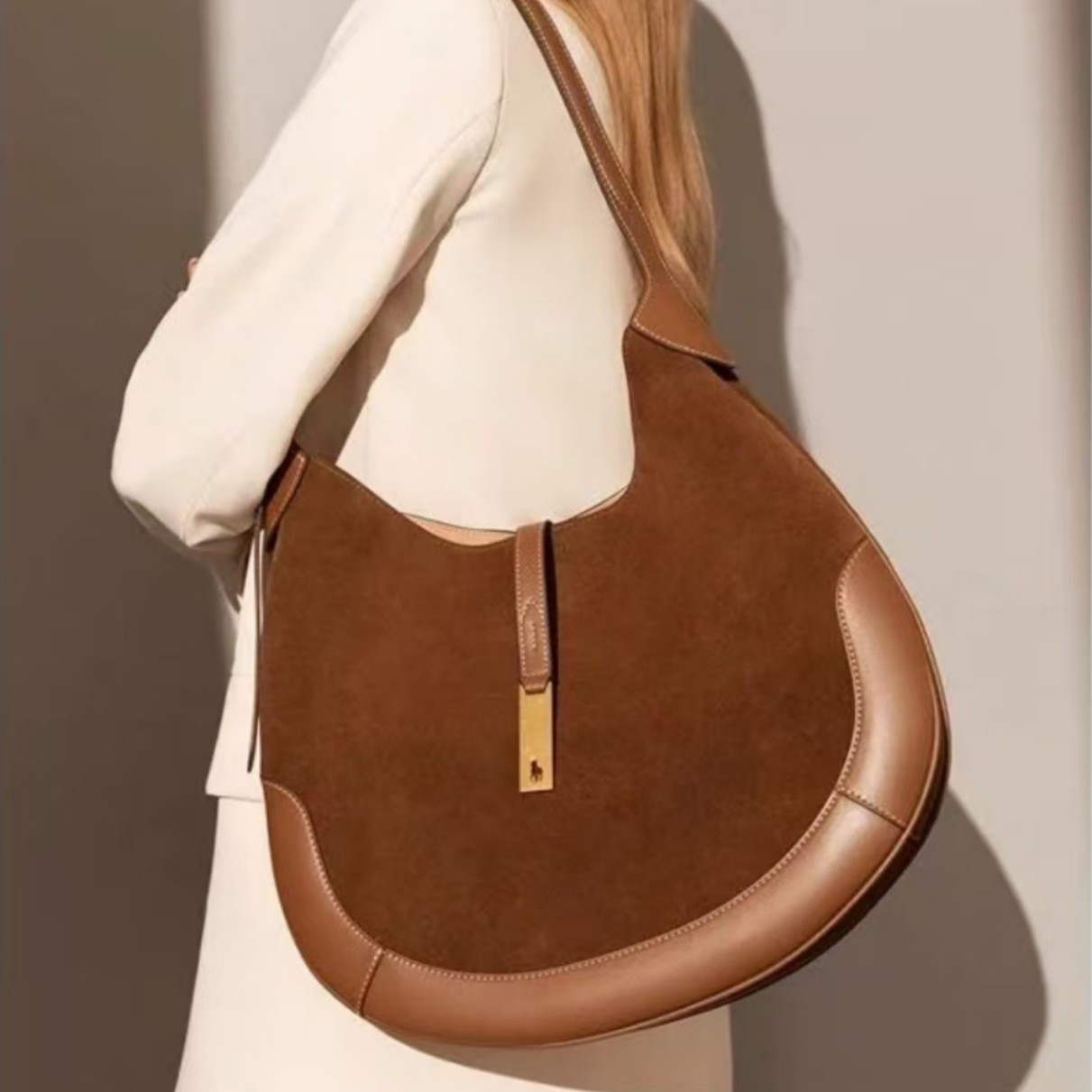 Polo拉夫头层麂皮可颂包25宋妍霏同款托特包大容量单肩斜挎腋下包