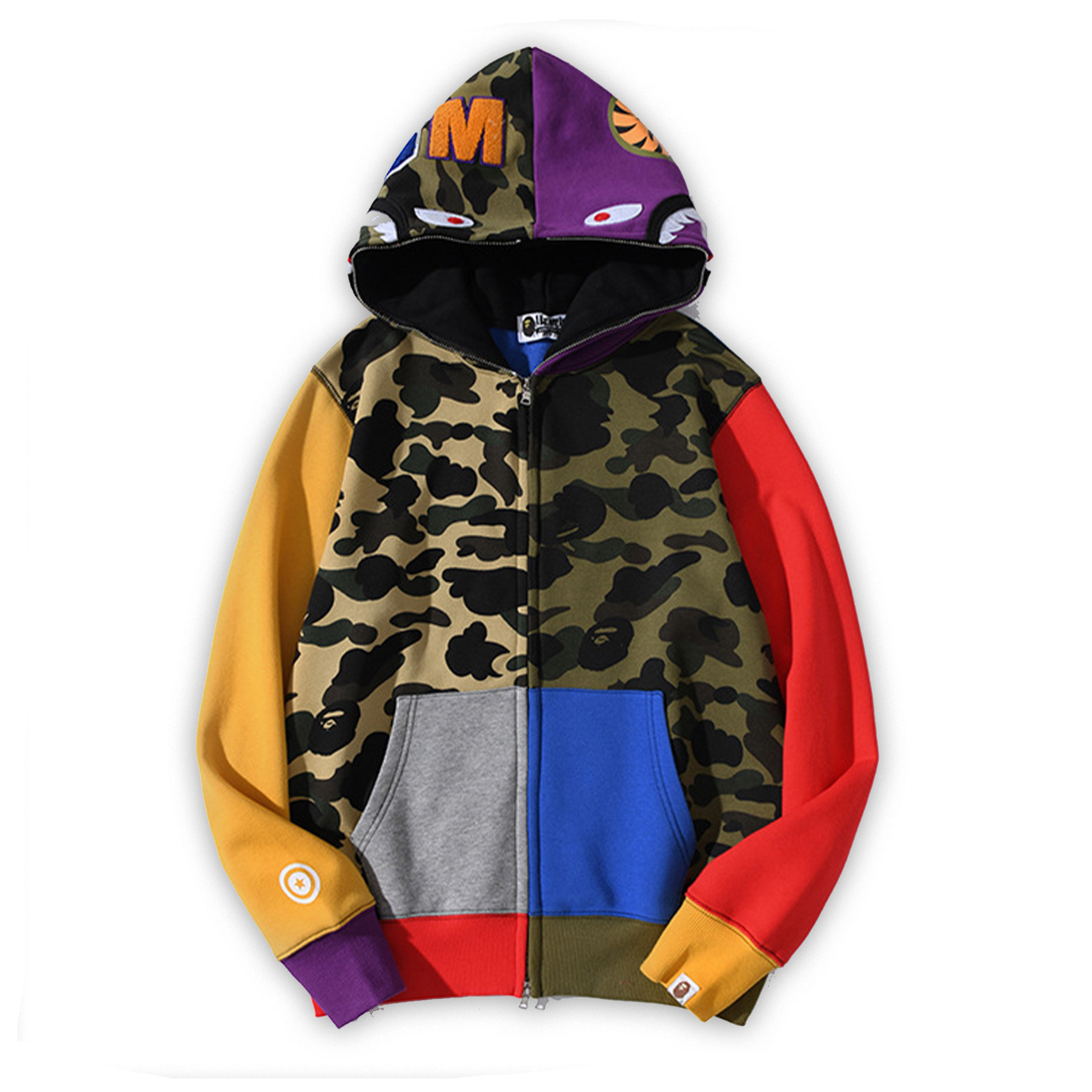 跨境3d数码印花 bape鲨鱼迷彩红黄蓝拼接 连帽开衫卫衣外贸