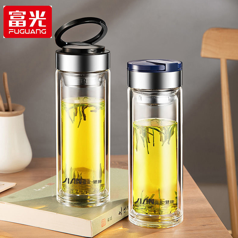 富光双层透明水晶玻璃水杯男女便携大容量带滤网泡茶杯子批发印字