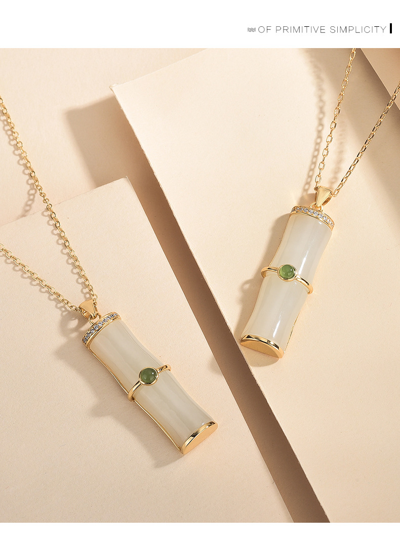 18k金镶嵌天然和田玉竹节吊坠国潮复古节节高升竹子气质挂坠批发