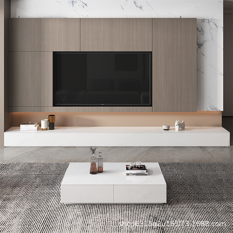 纯白岩板地台电视柜意式极简轻奢现代简约客厅小户型带抽屉落地柜
